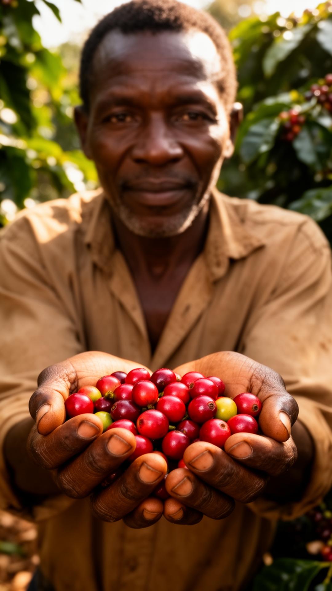 Kenyan coffee farmer with cherries