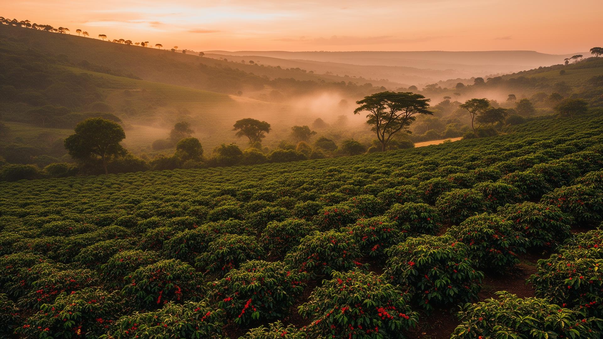 Kenyan coffee farm at sunrise